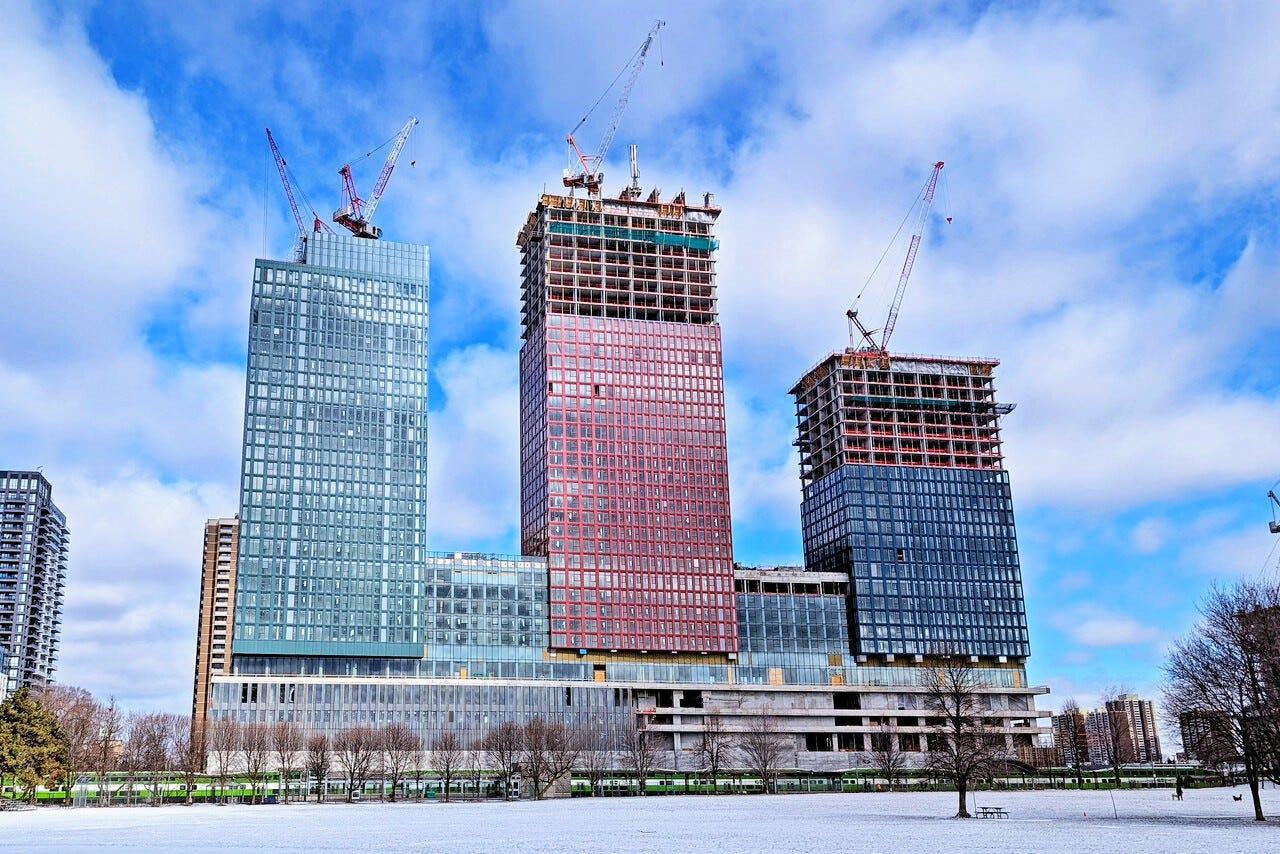 Looking north to Rushden Station's three towers, image by UrbanToronto Forum contributor flonicky