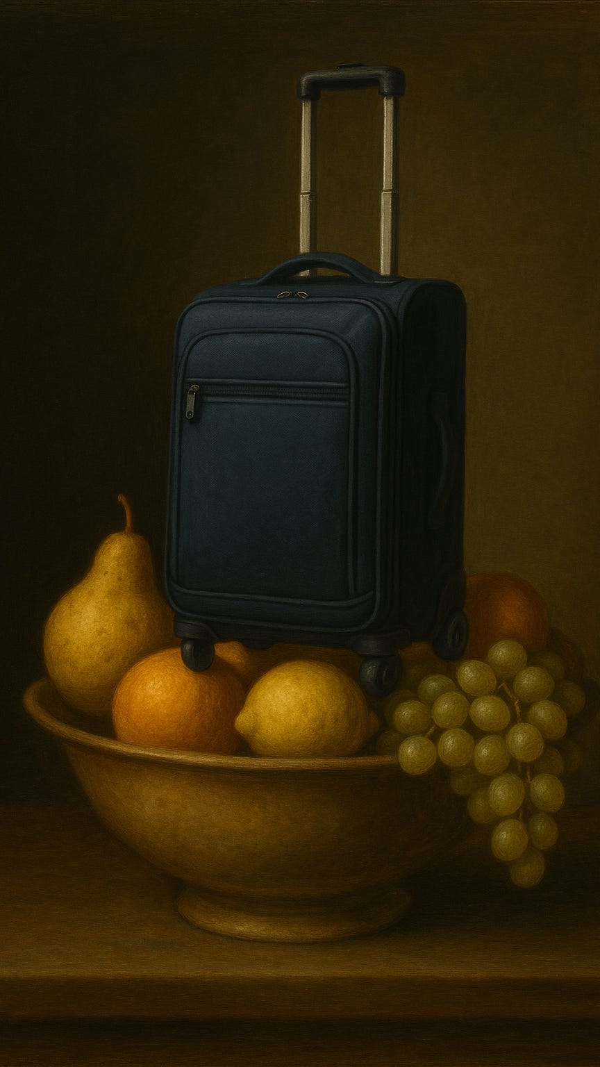 Image in the style of a still life featuring a bowl of fruit and a suitcase resting on top