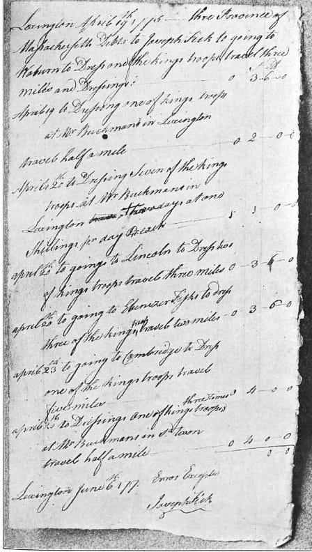 Image of the bill from Doctor Fiske that mentions his treatment of the Bristish soldiers.