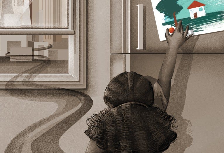 Illustration of a girl putting colourful image on refrigerator in a bleak smoky environment Illustration of a girl putting colourful image on refrigerator in a bleak smoky environment