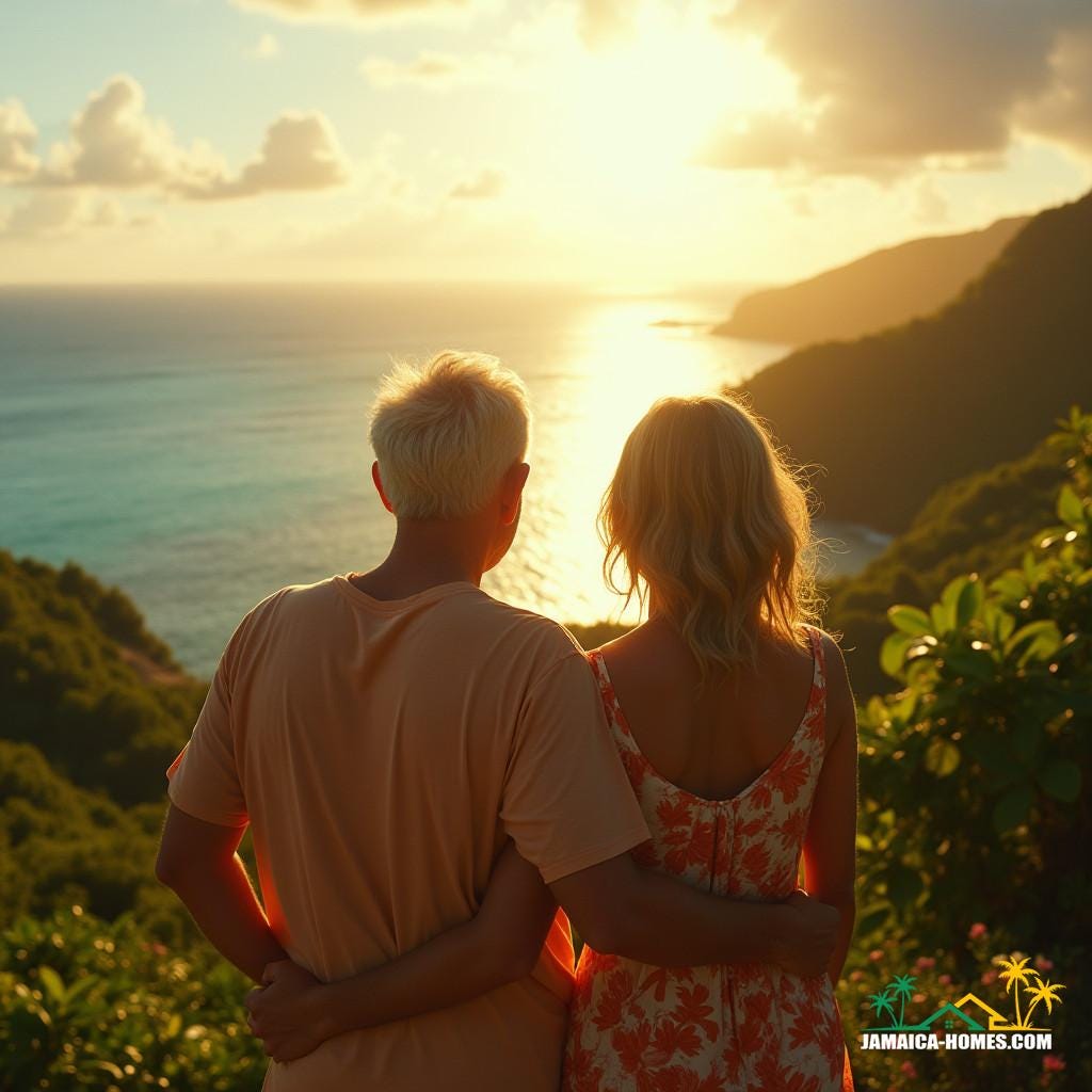 Warm golden light casts a nostalgic glow on a middle-aged couple, standing together, gazing out at a breathtaking Jamaican landscape, as they embark on their dream of building a hotel on the island they adore. The Caribbean Sea sparkles in the distance, with lush green hills rolling towards the shore. The couple's faces, etched with experience and enthusiasm, are set against a warm, vibrant color palette, evoking the feeling of a sun-kissed paradise. Inspired by the cinematography of Emmanuel Lubezki, with a dash of the rich colors and textures reminiscent of the films of Terrence Malick, and the atmospheric lighting of Roger Deakins.