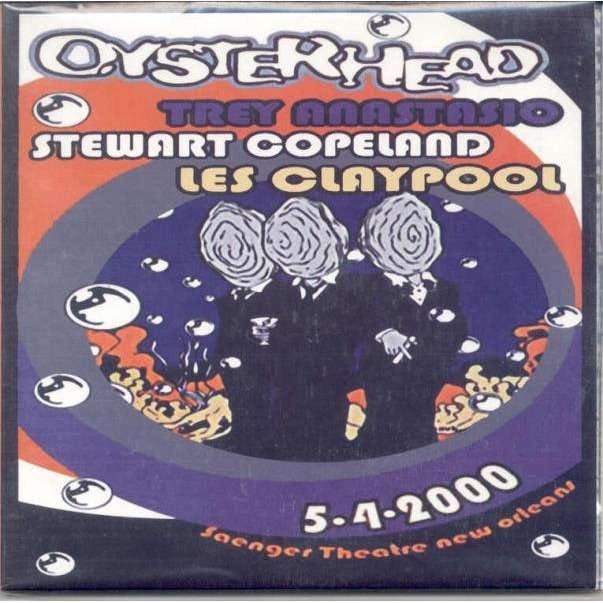 The poster art for Oysterhead with the band members names above a blue and orange swirl containing three men with oysters for heads.