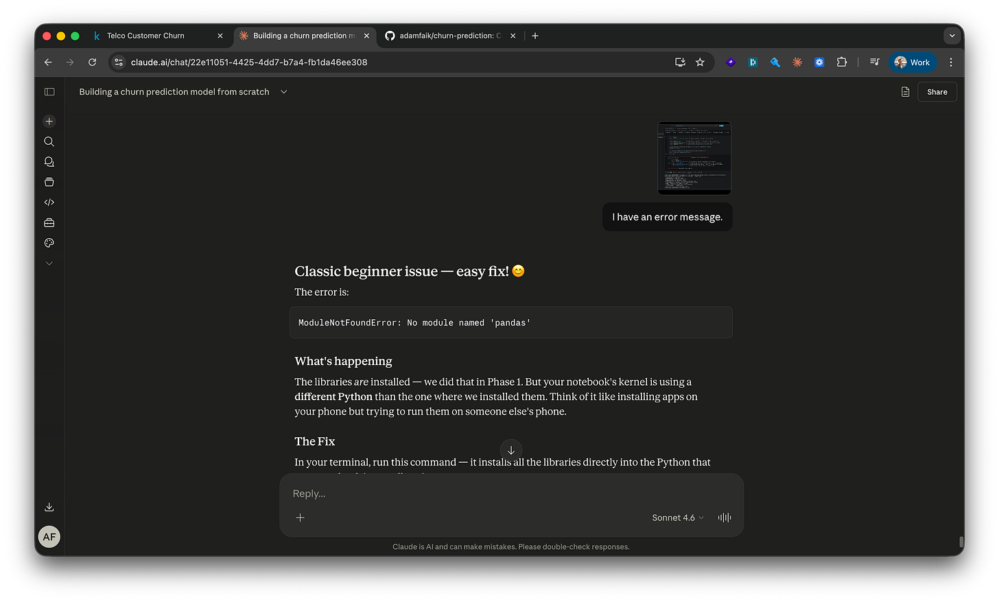 Claude.ai response titled “Classic beginner issue — easy fix!” explaining that the kernel uses a different Python and using the metaphor of installing apps on someone else’s phone