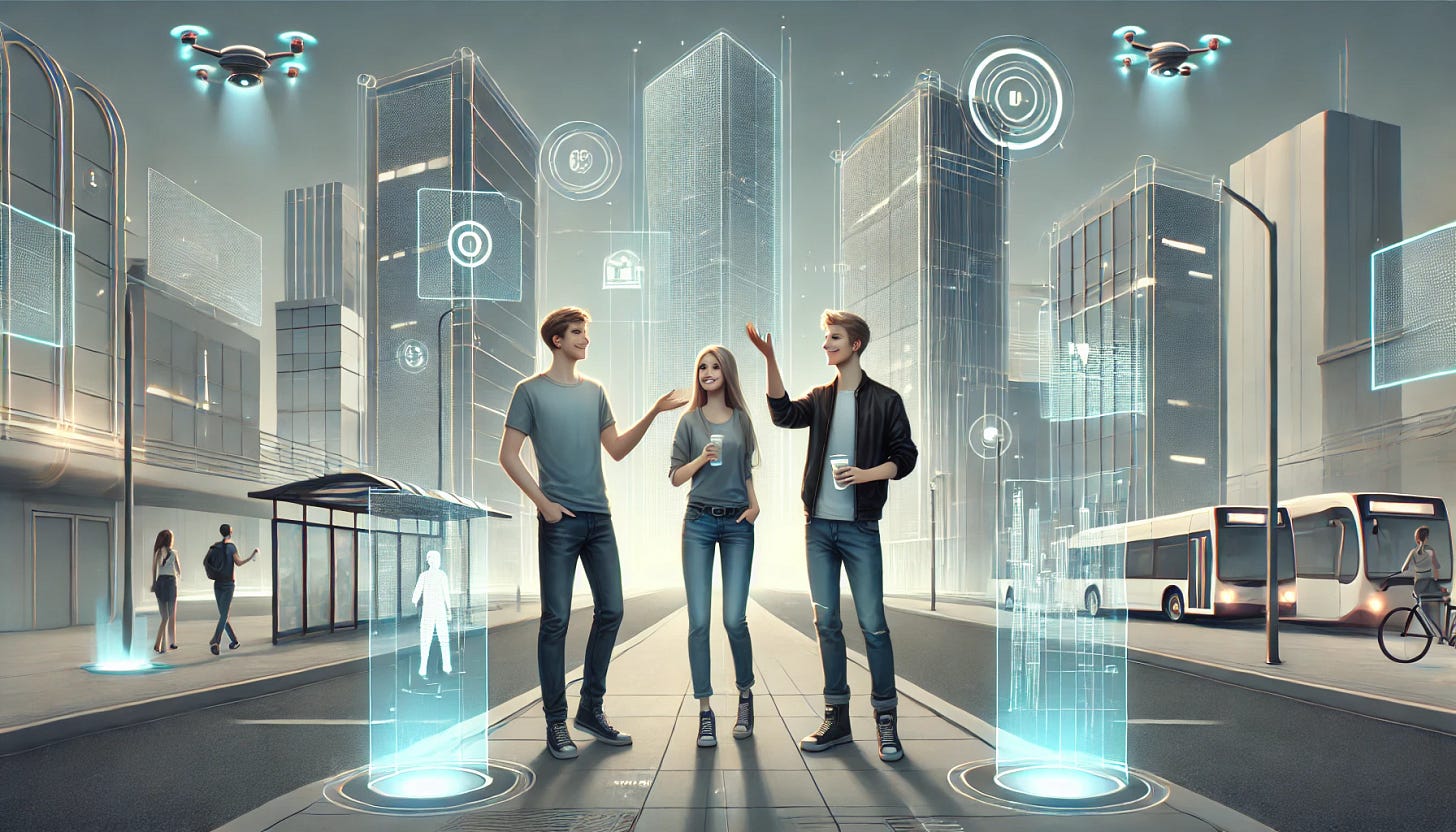 A simple, futuristic cityscape at night with soft neon lights. Three friends stand in the foreground, surrounded by glowing holographic advertisements that float in the air. They are casually dressed, smiling, and appear to be having a lighthearted conversation. One has their arms spread wide, as if inviting the city around them. The other two raise their hands in a gesture as if toasting with invisible glasses. Behind them, sleek buildings and walkways form a backdrop, with a few drones hovering. The mood is relaxed, with a metallic, yet serene ambiance.