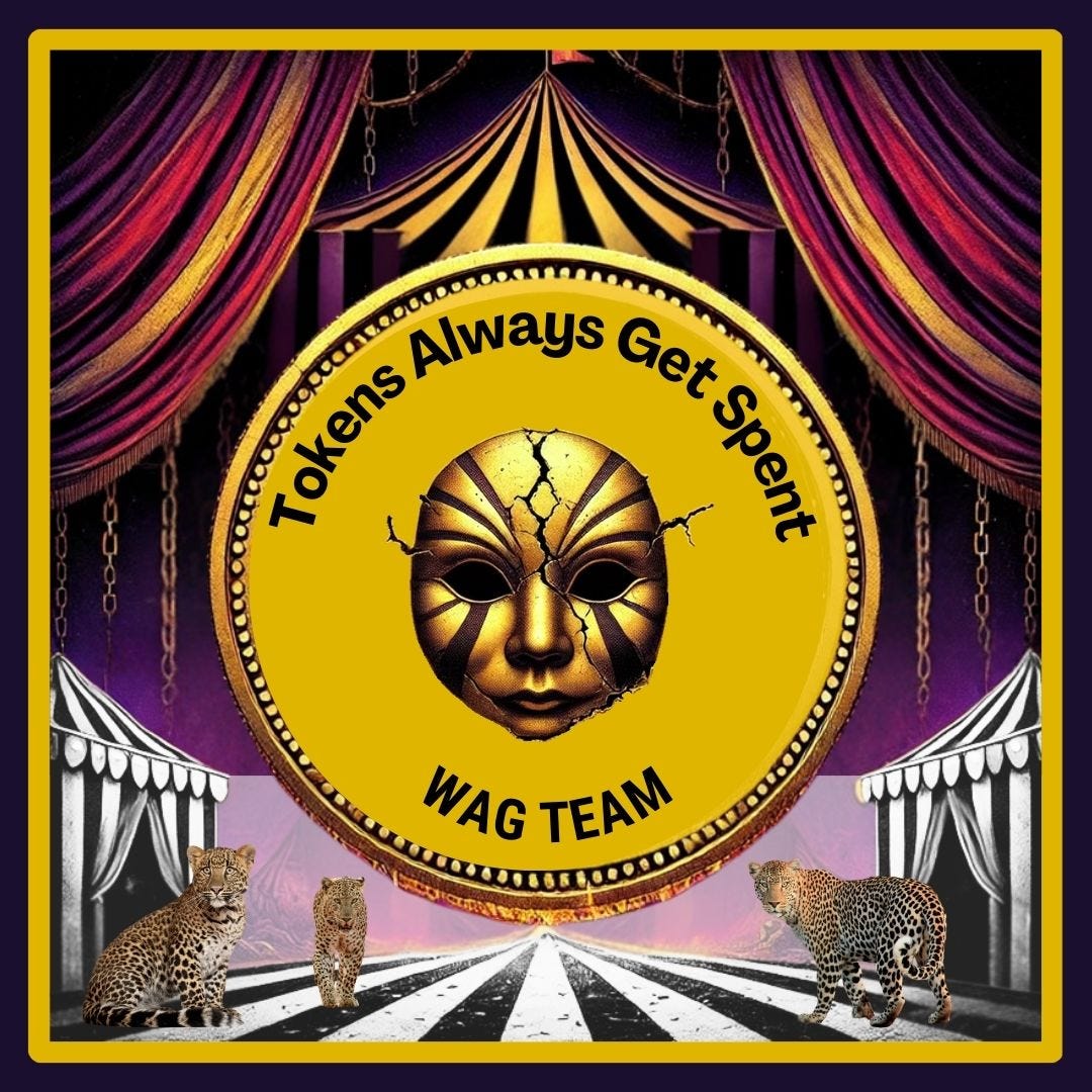 A dark carnival scene with a large golden token/medallion centered against purple and crimson curtains. The medallion features a cracking golden mask. Three leopards prowl along a black-and-white striped pathway beneath the medallion. Circus tents frame the sides, with chains hanging from the top, creating an ominous atmosphere.