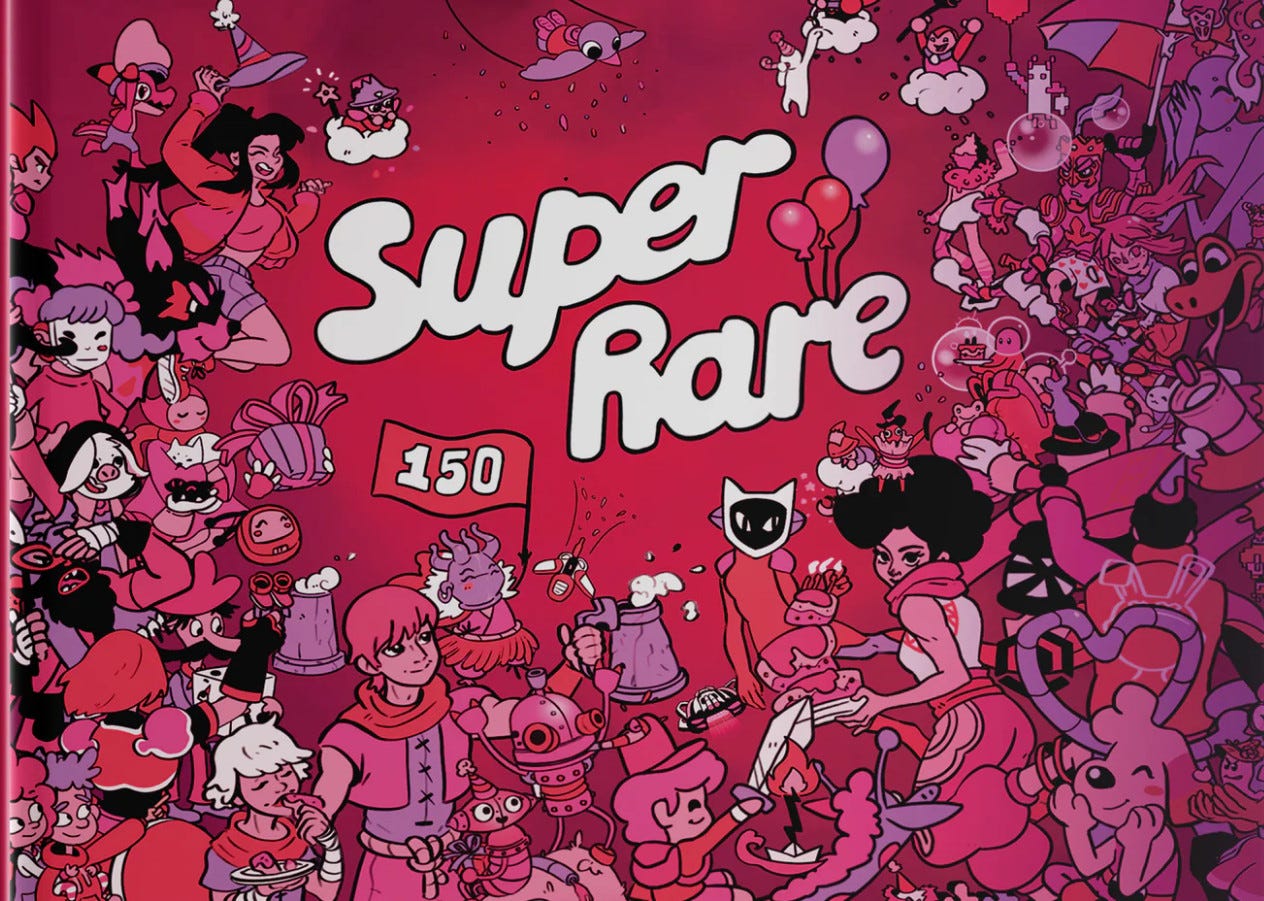 Vibrant pink and red illustrated cover reading “Super Rare 150,” surrounded by a dense collage of playful cartoon-style characters and creatures celebrating, holding balloons, waving flags, and interacting in a lively party-like scene. The monochrome magenta palette unifies the energetic, whimsical composition.