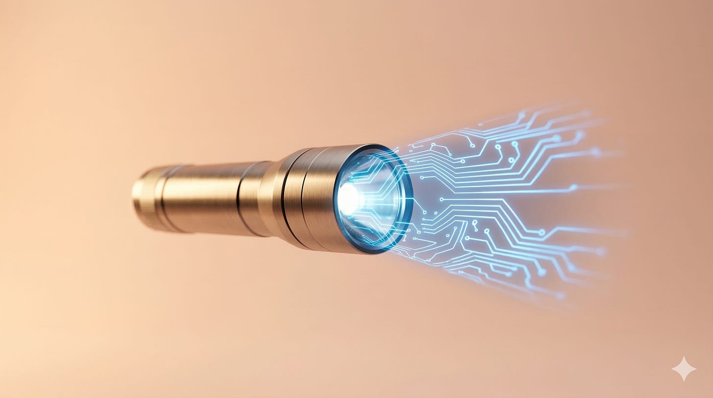 alt="Steel flashlight projecting blue circuit patterns on wood surface — AI explorer mindset | Leadership in Change by Joel Salinas