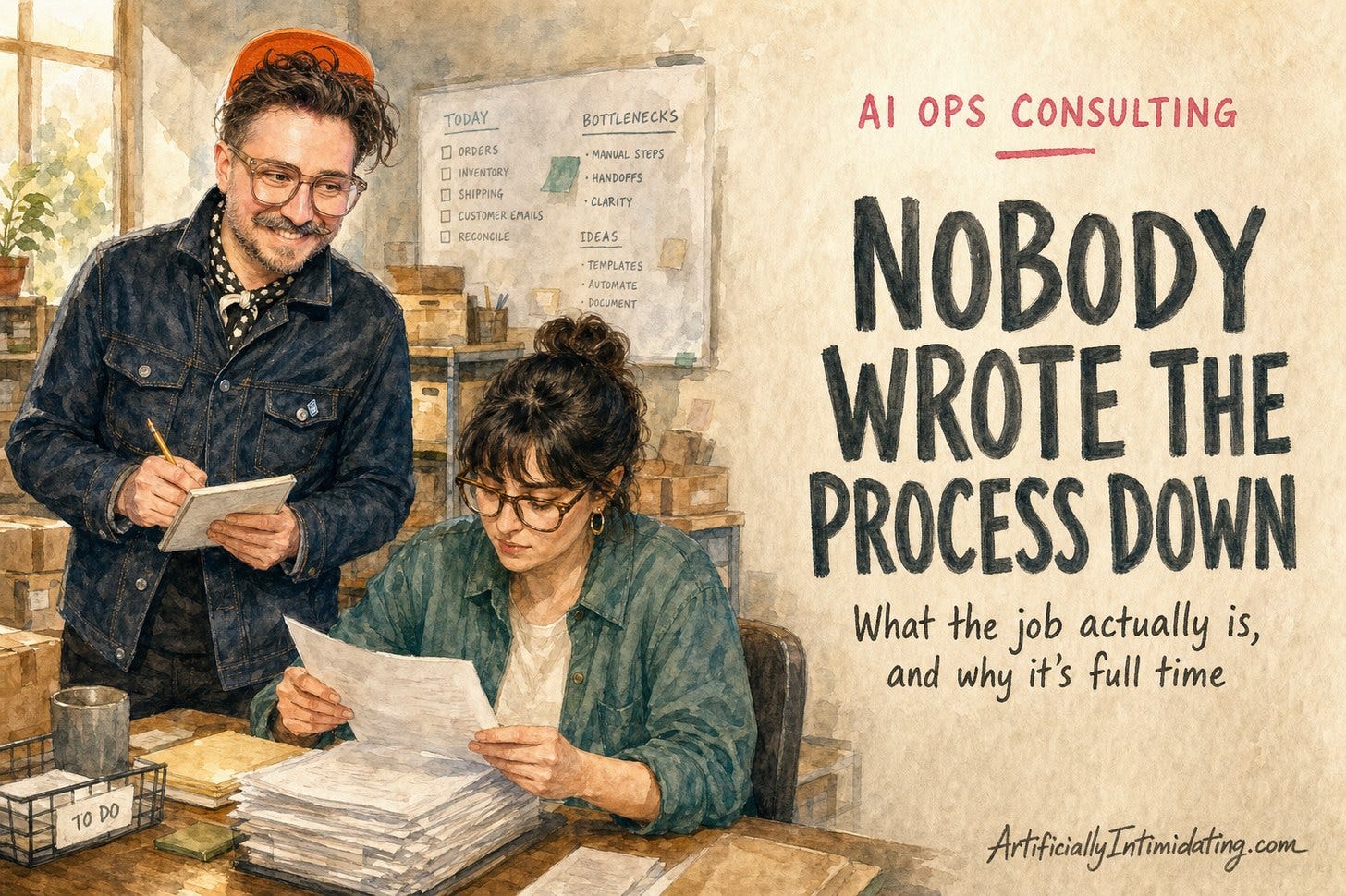 Watercolor illustration of a bearded man in an orange cap and denim jacket standing with a notebook in a small business back office, watching a seated employee work through a stack of paperwork. Hand-lettered wall text reads Nobody Wrote The Process Down.