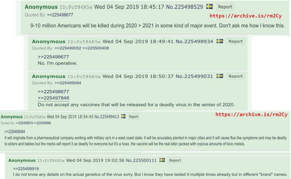 r/conspiracy - On 9/4/2019, an anon posted on 4chan that the government was planting a “deadly virus” in major cities. He also warned: “ Do not accept any vaccines that will be released for a deadly virus in the winter of 2020”. Archived link in submission statement