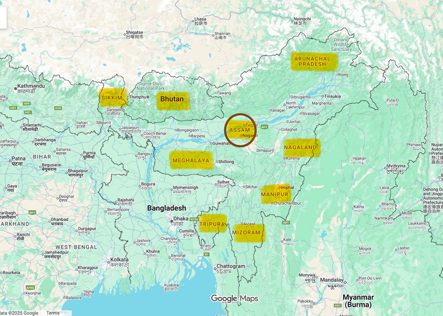Map highlighting Assam, its neighboring states, and surrounding countries. Source: Google Maps