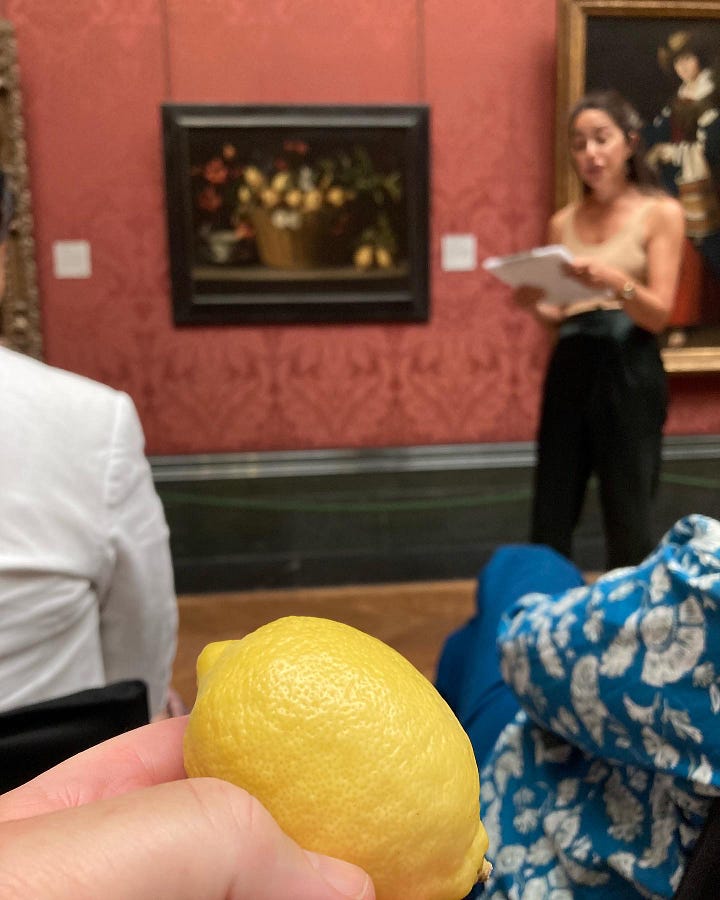 Images of the meditation workshop in Room 30 of the National Gallery. The painting shows a still life bowl of lemons, flowers, apple blossom and flowers. Workshop tutor Emma Mills also picture.