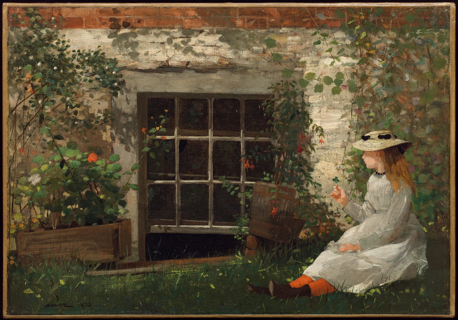 Painting of a girl sitting in the grass, looking for a four-leaf clover. Painting of a girl sitting in the grass, looking for a four-leaf clover.