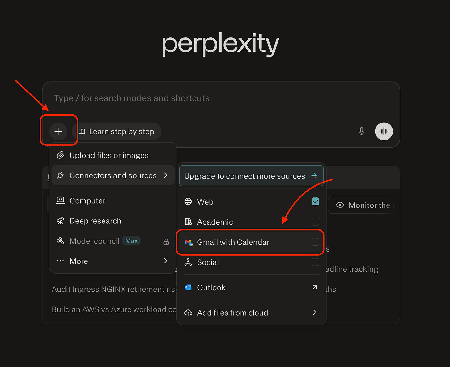 Prompt input window with “+” menu open showing Connectors option