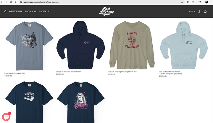 gallery shows two images: screenshot of shopify's AI agent creating a product collection, and the second of the collection featured on lostmixtape.com