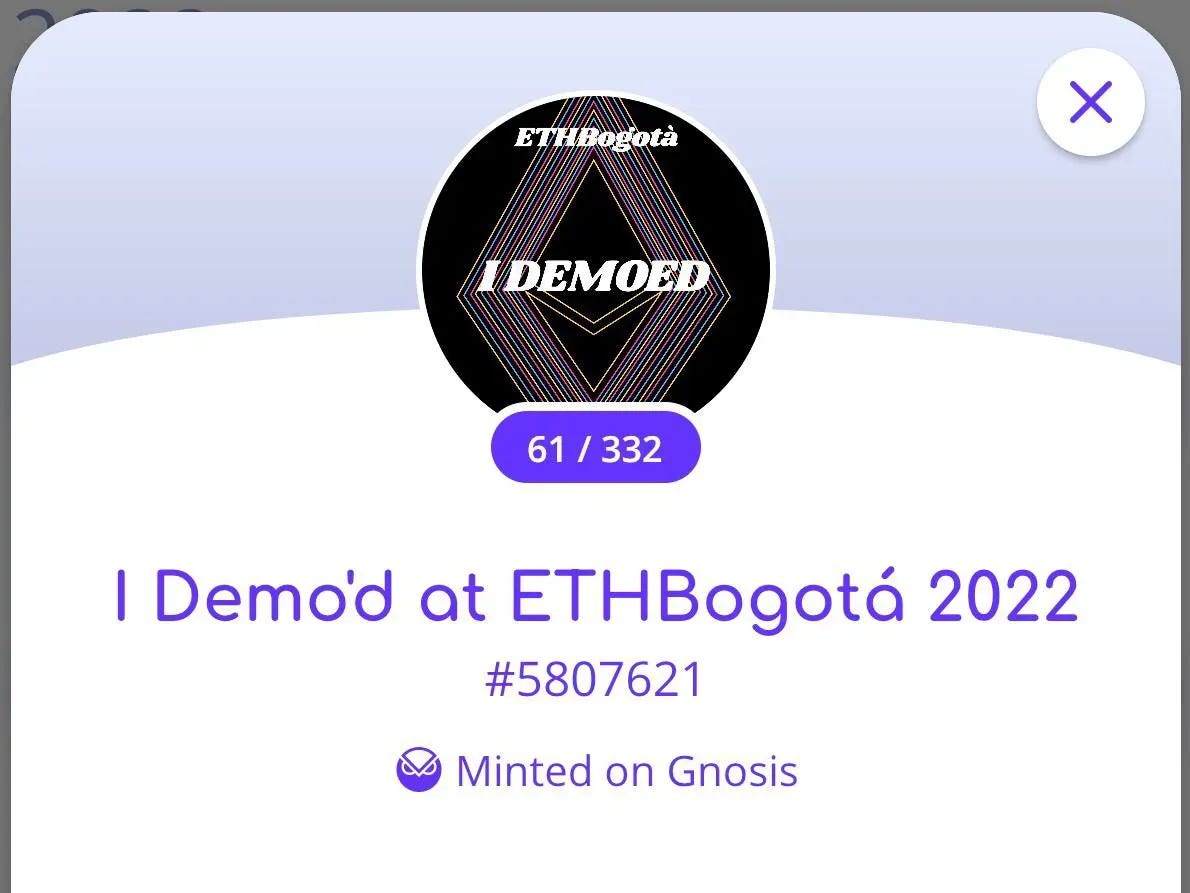 Captura de pantalla de un POAP de Ethereum Bogotá 2022. Captura de pantalla de un POAP de Ethereum Bogotá 2022.