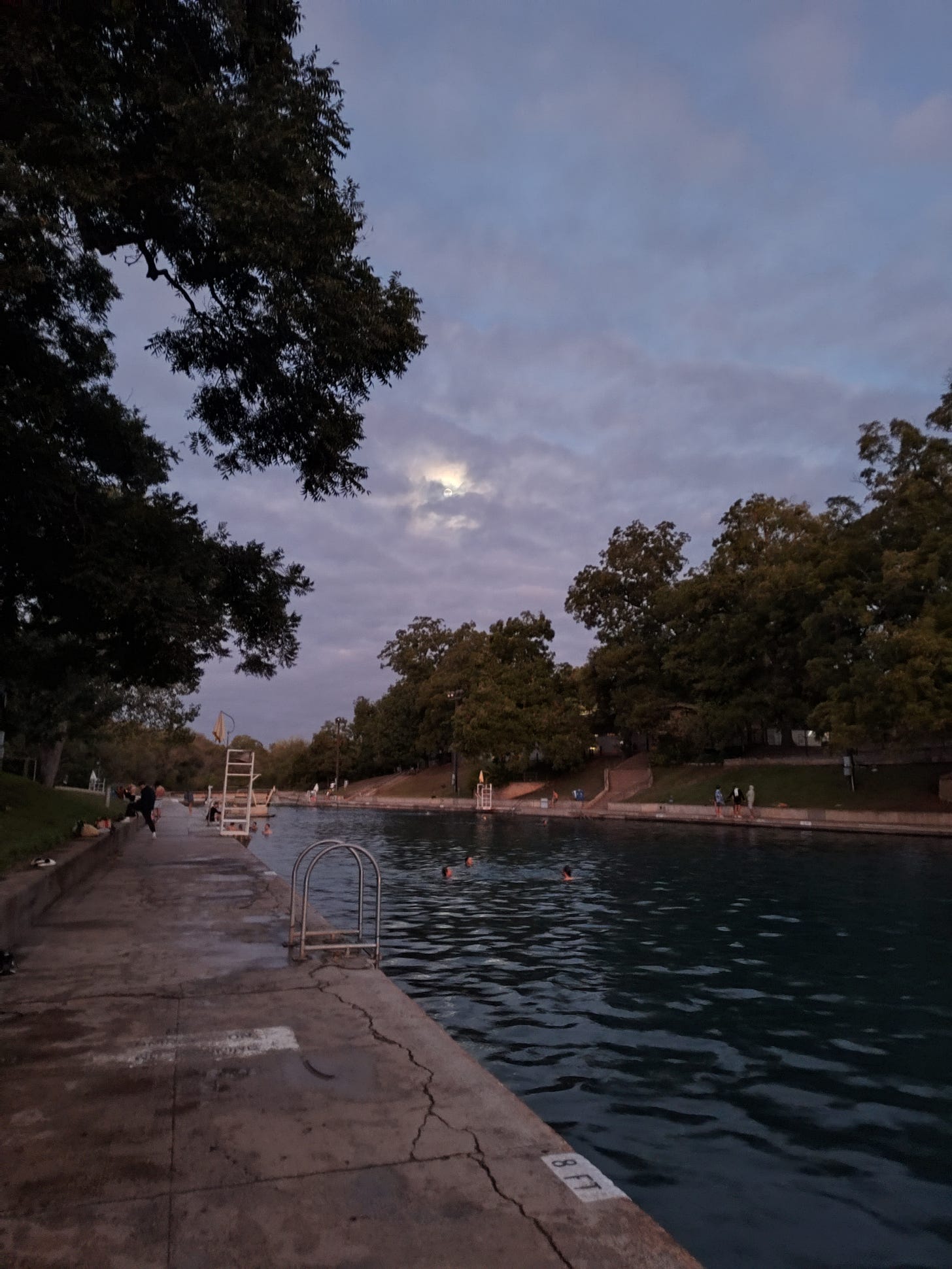 Barton Springs Swimming Pool surrounded by trees, moon peeking through clouds.