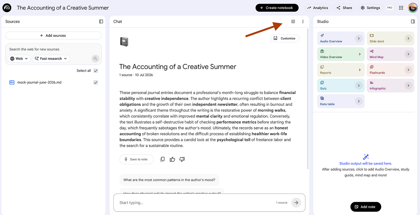NotebookLM chat dashboard with an arrow pointing to the Customise button