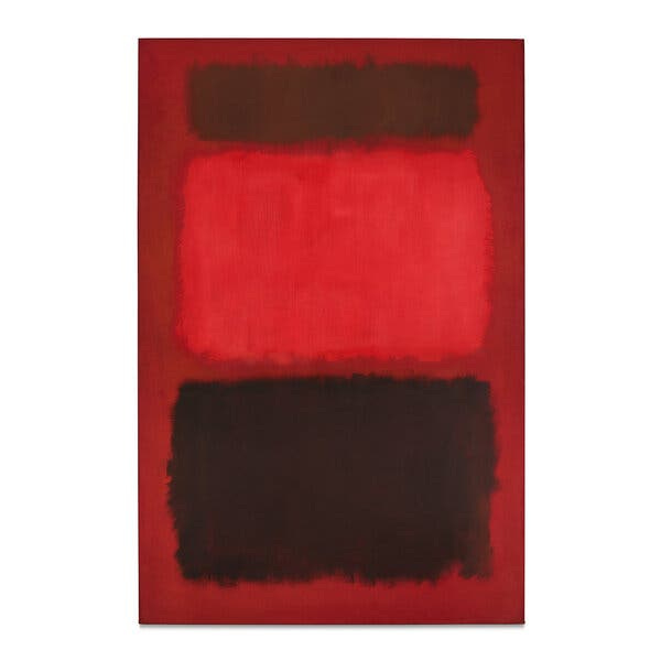 A painting with glowing bands of reds and brown on a red background.