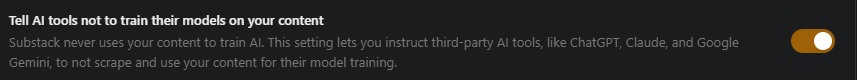 Substack's optional button to not use your data for AI training.