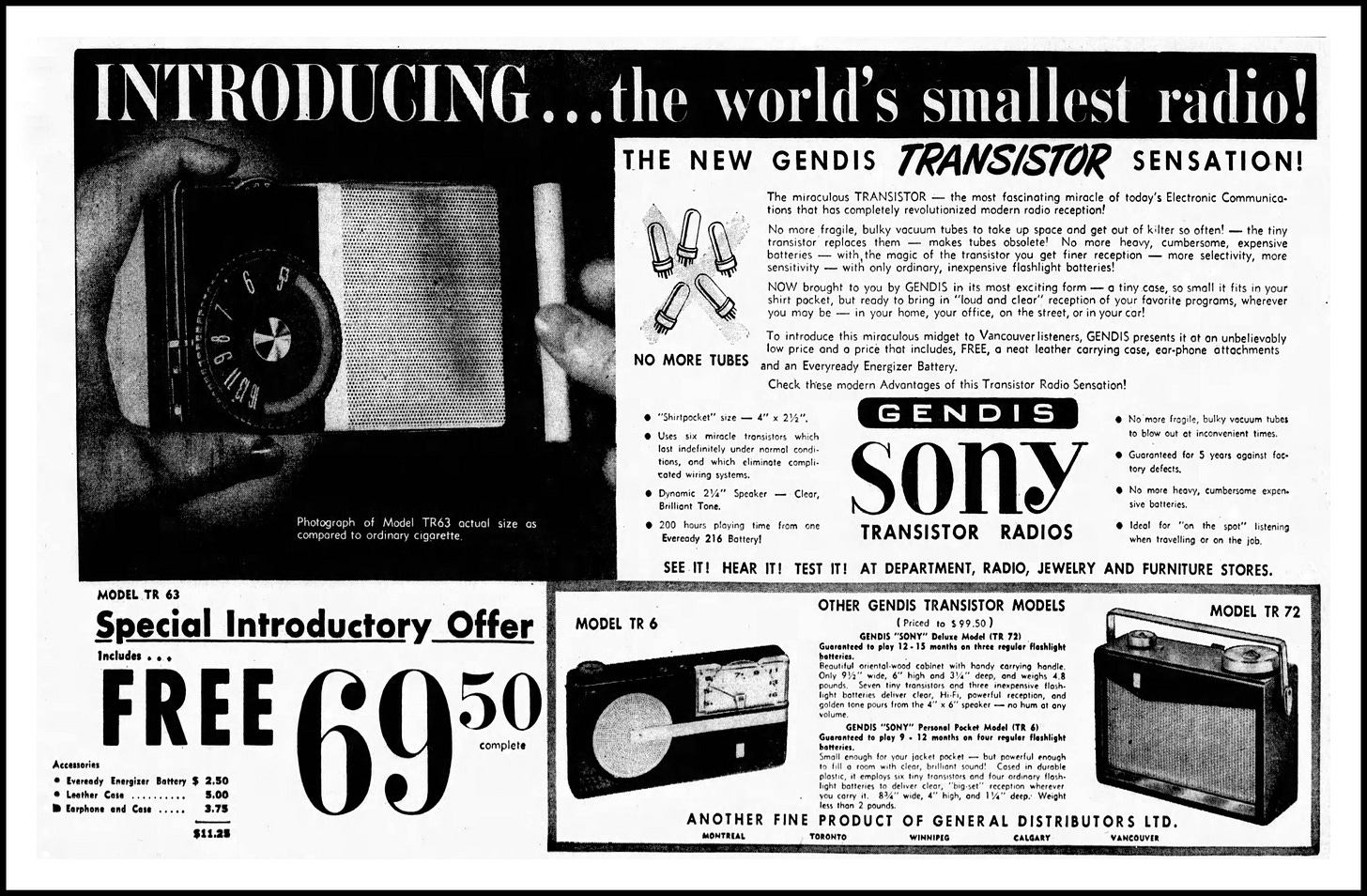 File:Advertising For Sony Transistor Radios (TR-6, TR-63 & TR-72) In The  Vancouver Sun Newspaper, July 26, 1957 (46264879332).jpg - Wikimedia Commons