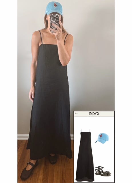 Woman wearing black linen dress, baby blue Memphis Redbirds hat, and black mesh ballet flats.