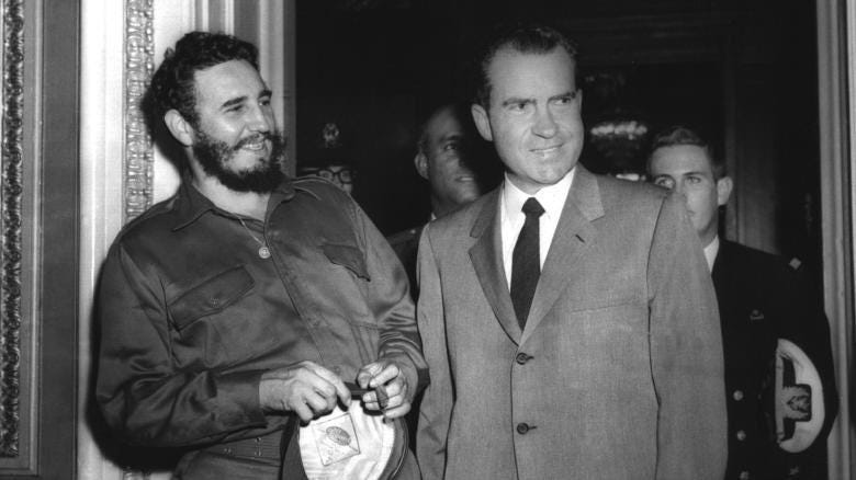 Then Prime Minister of Cuba Fidel Castro meets Vice President Richard Nixon during his 11 day US Tour April 19th, 1959. Then Prime Minister of Cuba Fidel Castro meets Vice President Richard Nixon during his 11 day US Tour April 19th, 1959.