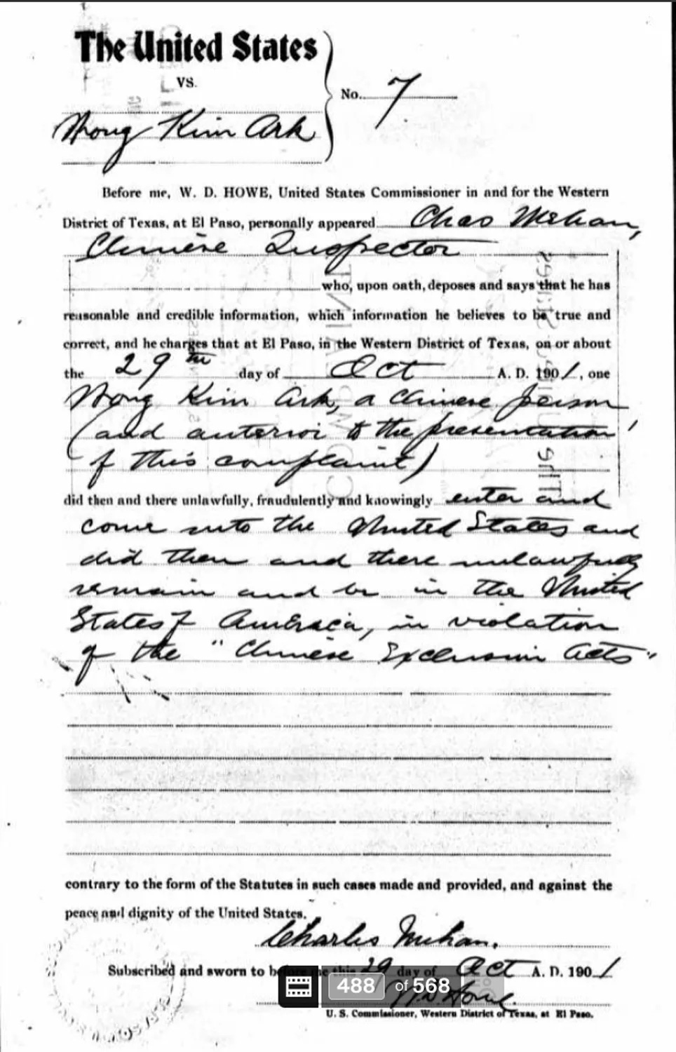 Official document detailing the 1901 complaint against Wong Kim Ark Official document detailing the 1901 complaint against Wong Kim Ark