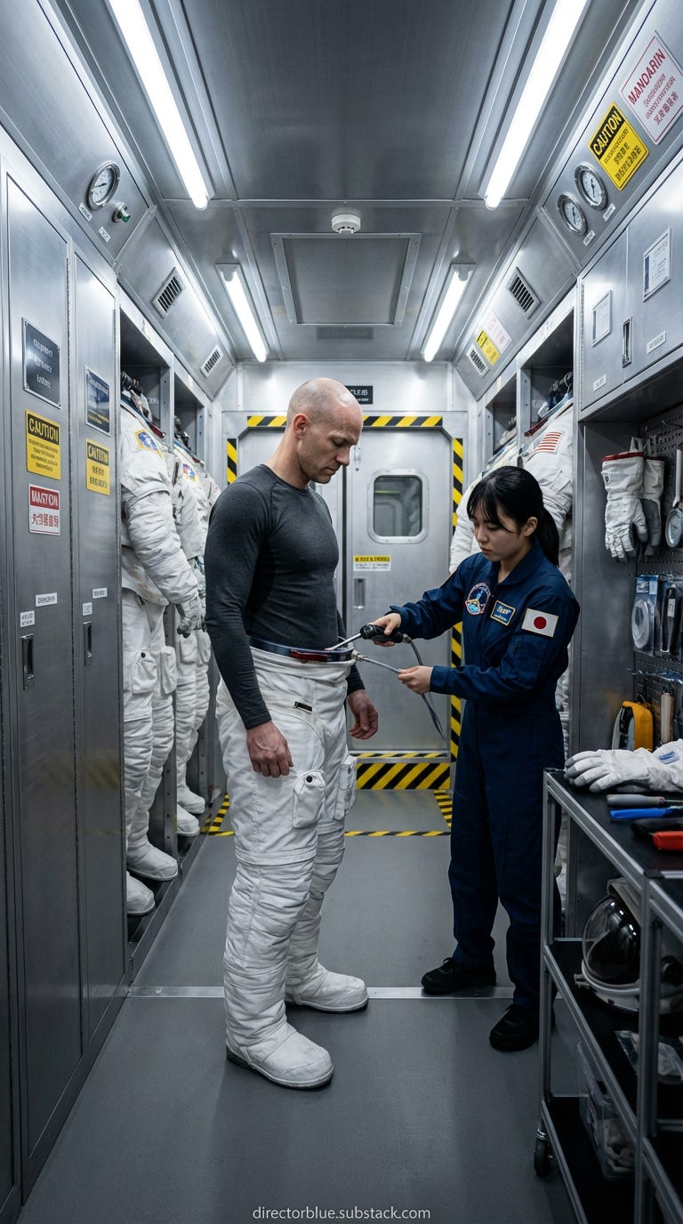 same subject new image - Hyper-detailed 9x16 photographic image promptUltra-realistic photographic scene 9x16 vertical format Interior of a narrow brightly lit EVA suiting bay corridor on a lunar base Two rows of 12 white Mark IV Lunar Surfa_image_1