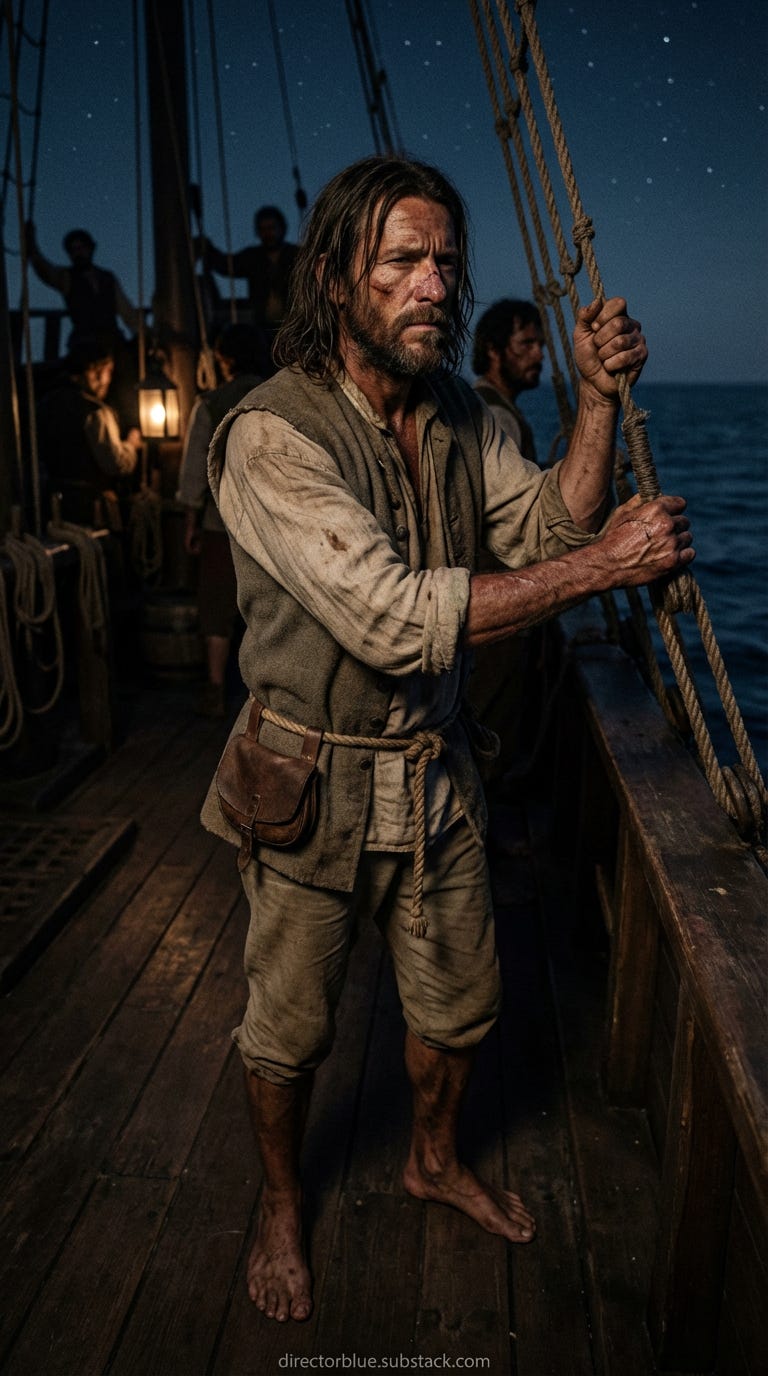 IMAGE PROMPT FOR HISTORIC REENACTMENT EDUCATIONAL SERIES (Columbus Reaches the Americas) (1492)  916 verticalportrait format  photographic hyper-realistic reenactment gritty documentary realism Foreground subject Rodrigo de Triana (born Juan_image_1