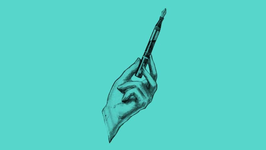 A vintage illustration of a hand holding a fountain pen.