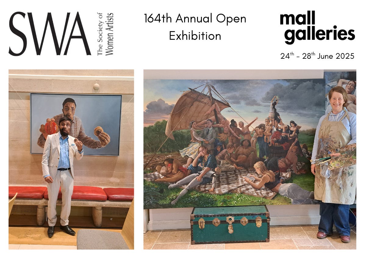 A poster showing the SWA show info, an image of Amit in front of his portrait, and another of Gail in painting apron in front of the Raft Of The Medusa
