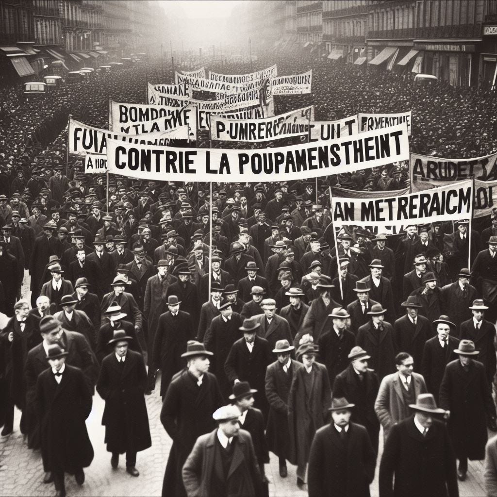 Uma passeata de homens e mulheres, na Paris dos anos 1940, com cartazes nos quais se lê "contre la Vorhandenheit".