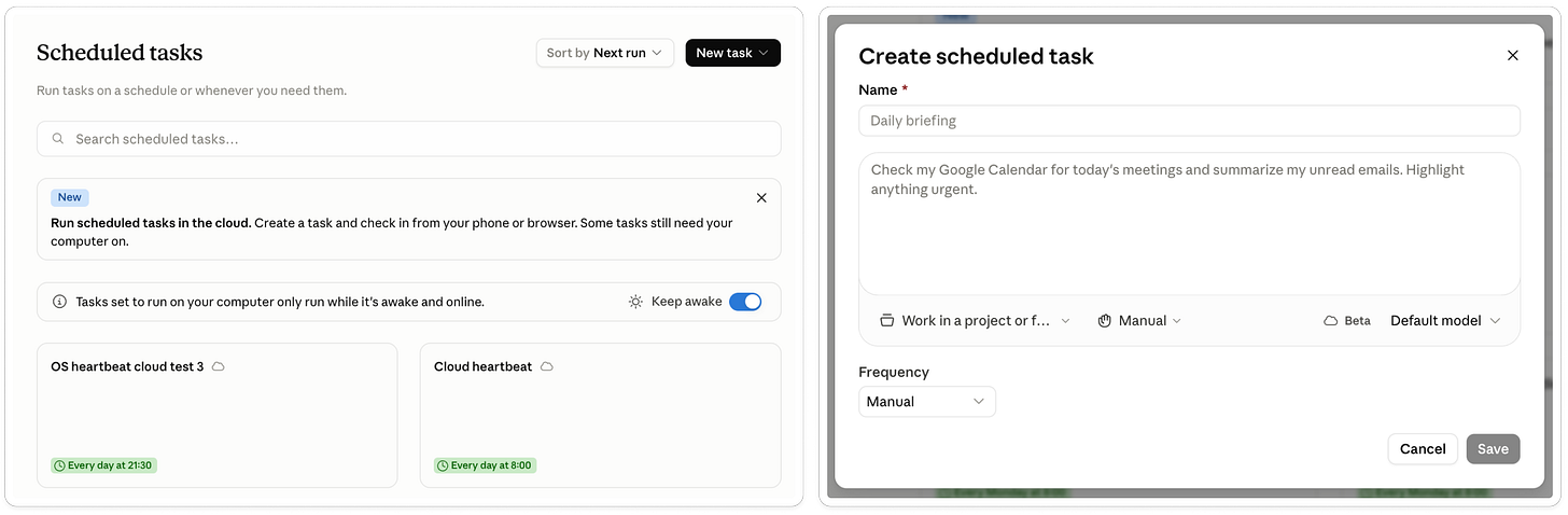 Claude Scheduled tasks interface showing the task dashboard and the Create scheduled task form with fields for name, prompt, project or folder, approval mode, model, and frequency.