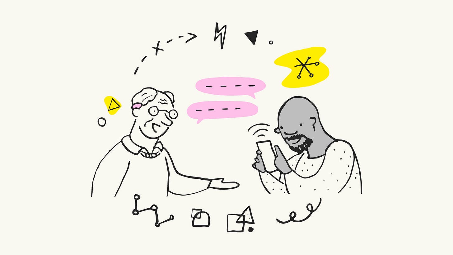 An illustration depicting two characters engaging in usability research. They are examining documents and sharing their insights through speech bubbles. The illustration highlights the process of evaluating and improving the usability of a product or service.