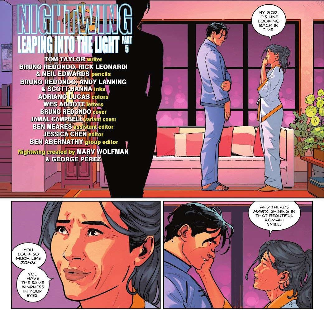[Image ID: panels from a page of Nightwing 82 (2016), an older woman with long, grey hair pinned up, Meili Lin (right), faces Dick Grayson (left) in her living room. With her hands covering her mouth in shock she says, “My God. It’s like looking back in time.” The next panel depicts a close up of her face, she continues, “You look so much like John. You have the same kindness in your eyes.” The last panel is her smiling with her eyes closed, cupping Grayson’s smiling face with her right hand, saying, “And there’s Mary. Shining in that beautiful Romani smile.” /End ID]