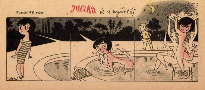 Wearing an evening dress, Jucika spots a pool and glances over her shoulder to check if anyone is around. In the second panel, she bathes nude, still cautiously looking back. In the final panel, she hides behind a nude fountain statue—blending in among other sculptures—as a night guard walks by Wearing an evening dress, Jucika spots a pool and glances over her shoulder to check if anyone is around. In the second panel, she bathes nude, still cautiously looking back. In the final panel, she hides behind a nude fountain statue—blending in among other sculptures—as a night guard walks by