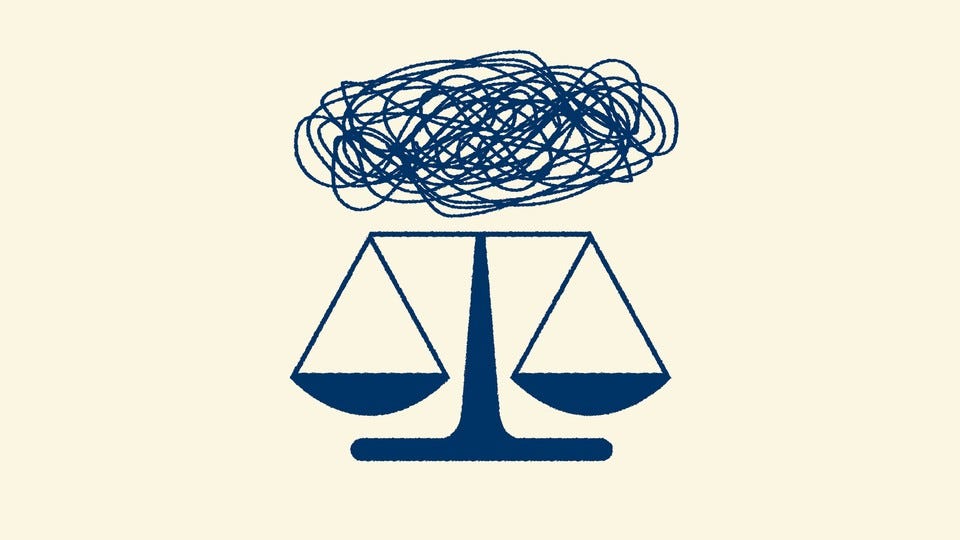 Two dimensional drawing of blue judicial scales with a pencil scribble above them.