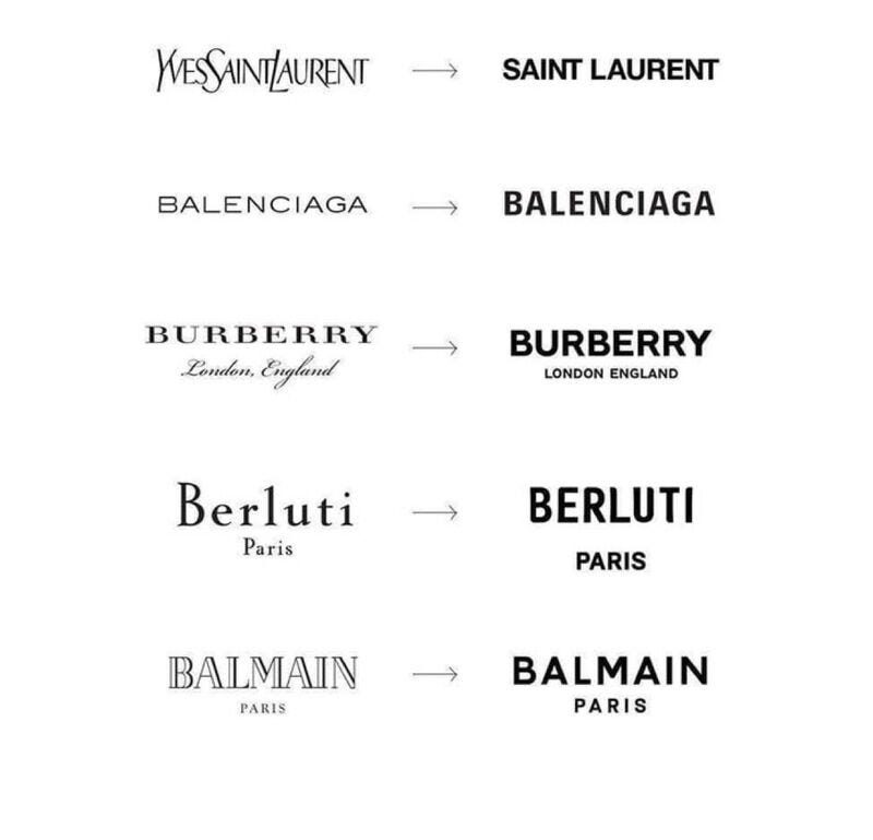 Imagem comparando logotipos antigos e novos de marcas de luxo como Saint Laurent, Balenciaga, Burberry, Berluti e Balmain. Os novos logos adotam letras mais limpas, negrito e sem serifas, evidenciando a tendência de clareza e minimalismo visual como símbolo de sofisticação.