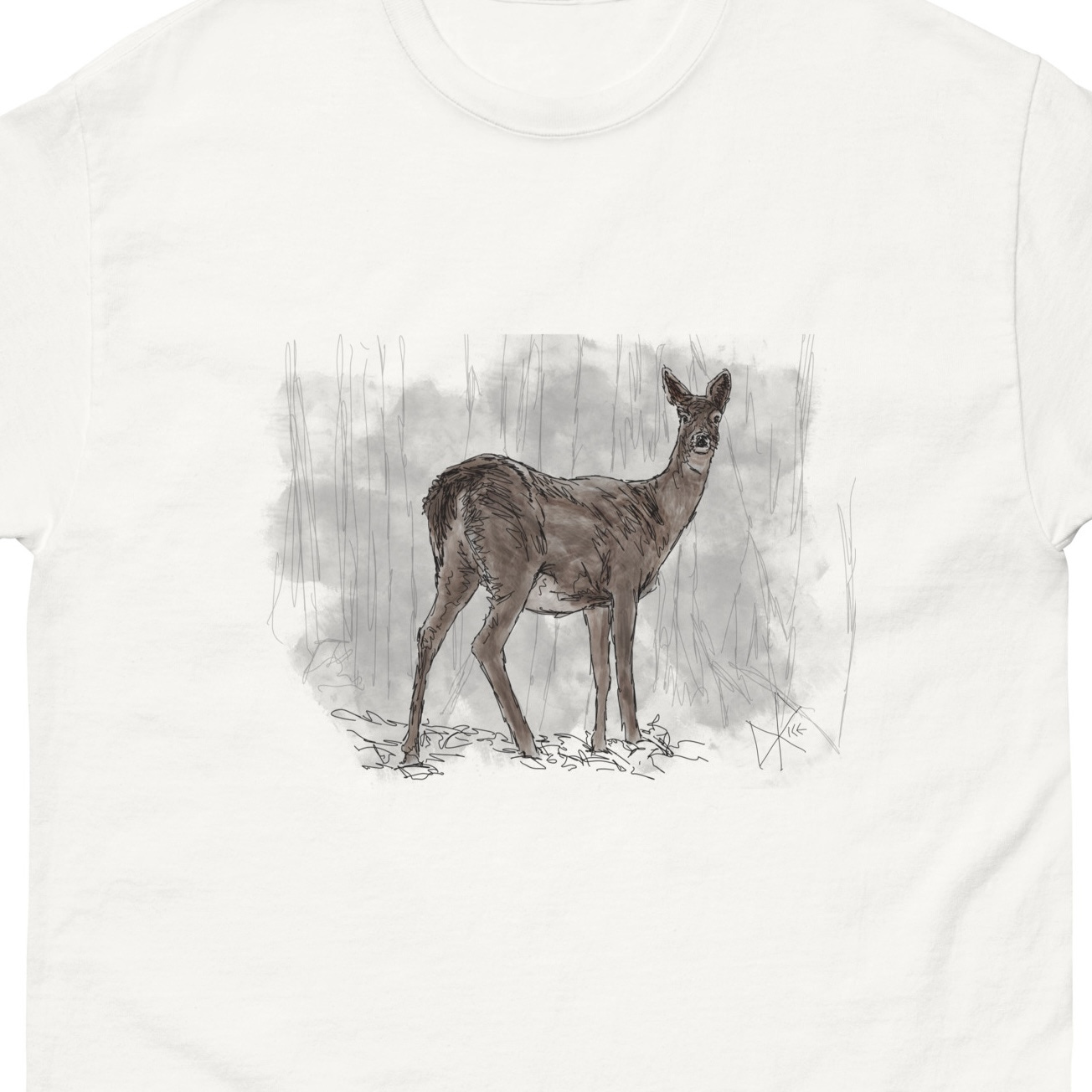 A white-tailed deer stands alertly, ready to return into the deeper forest. Sketch art by Don Rice. A white-tailed deer stands alertly, ready to return into the deeper forest. Sketch art by Don Rice.