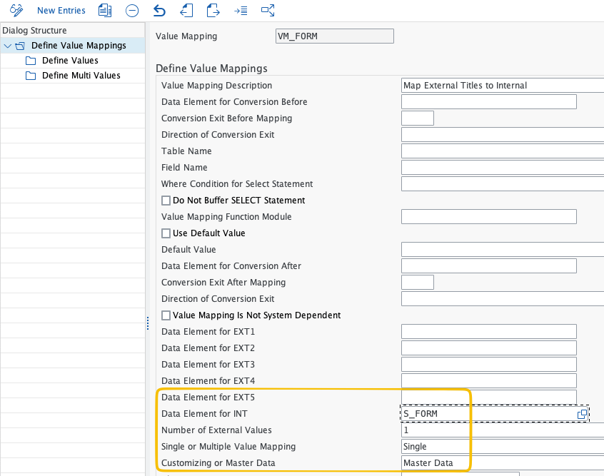SAP AIF value mapping definition screen with description, data element, value count, and Master Data settings. SAP AIF value mapping definition screen with description, data element, value count, and Master Data settings.