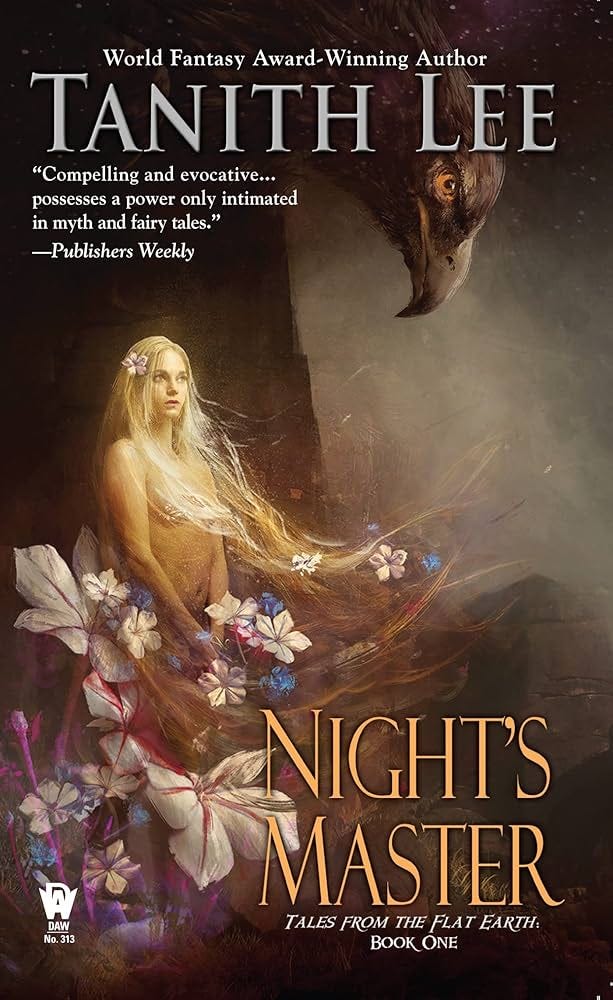 cover of Night's Master by Tanith Lee; shows a naked blonde woman with long hair; semi covered by flowers with a big black hawk leaning over her cover of Night's Master by Tanith Lee; shows a naked blonde woman with long hair; semi covered by flowers with a big black hawk leaning over her