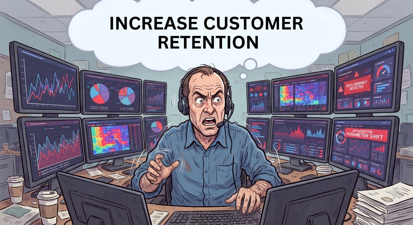 Overwhelmed manager surrounded by AI dashboards and data while trying to increase customer retention Overwhelmed manager surrounded by AI dashboards and data while trying to increase customer retention