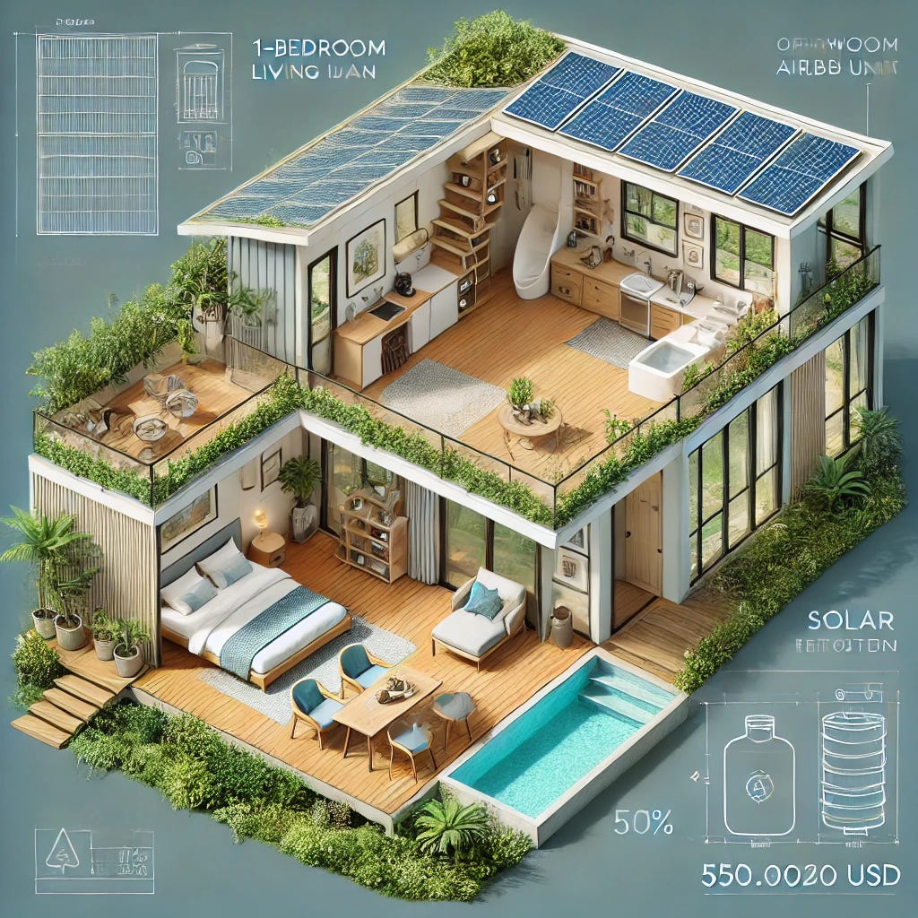 Detailed floor plan of the 1-bedroom Airbnb unit, designed with sustainability, functionality, and comfort in mind.