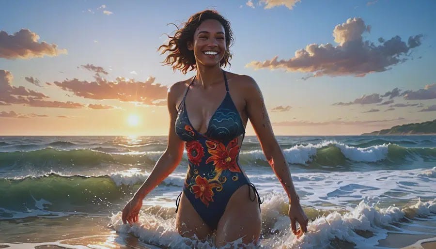 A cheerful woman with psoriasis wades into the ocean, the gentle waves caressing her.
