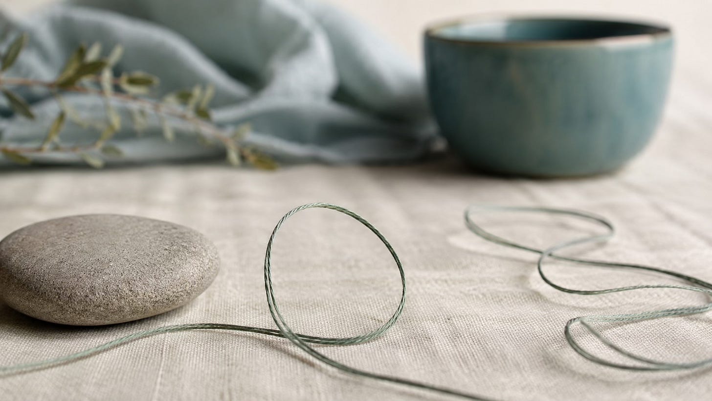 A loosened sage thread on warm linen, suggesting an emotional pattern softening.