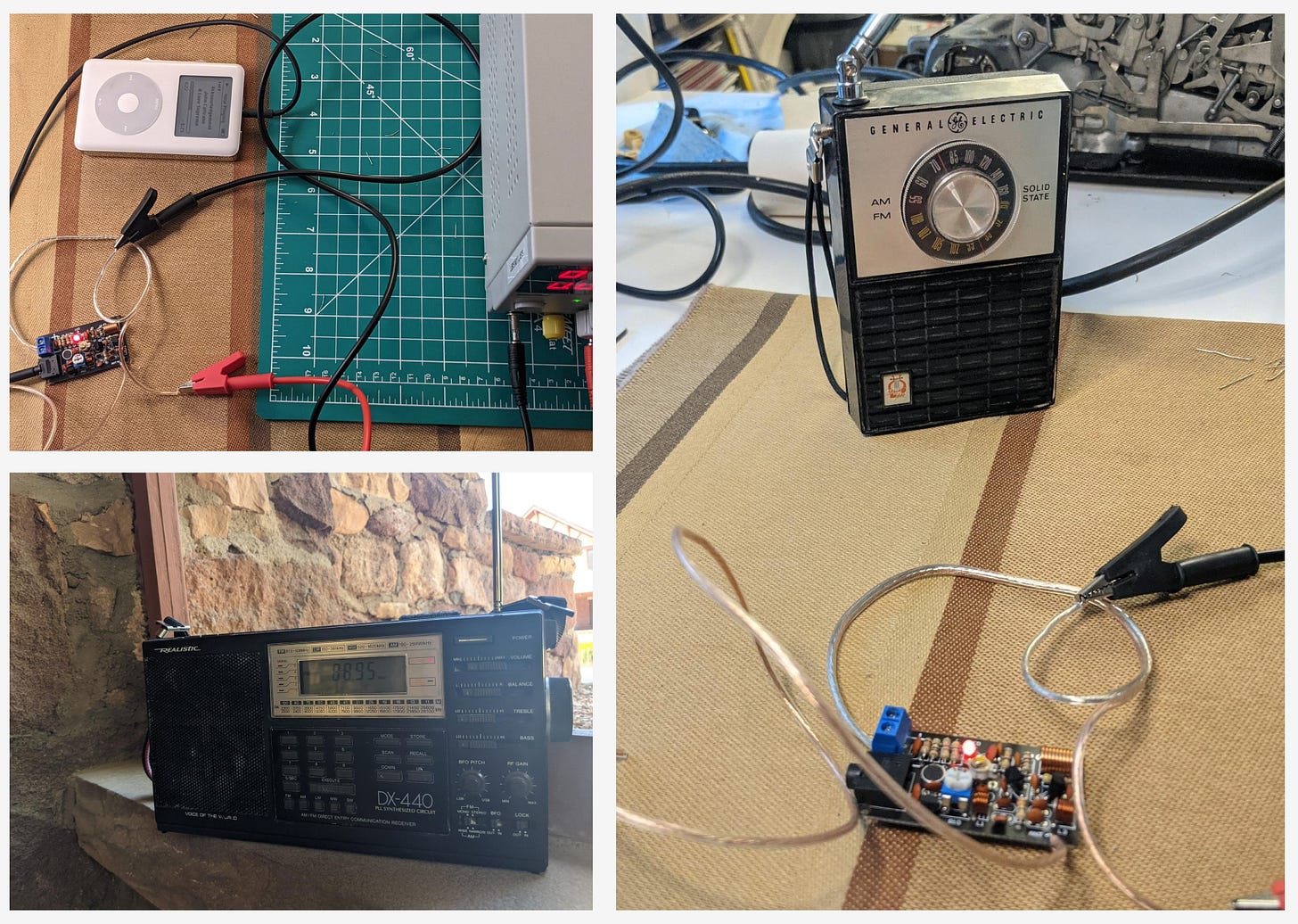 3 images - top left: GE transistor radio, fm radio transmitter, bottom left: DX-440 Shortwave Radio on a stone ledge, right: an ipod, a power supply, and an fm radio transmitter-on-a-board all wired together on a cutting mat