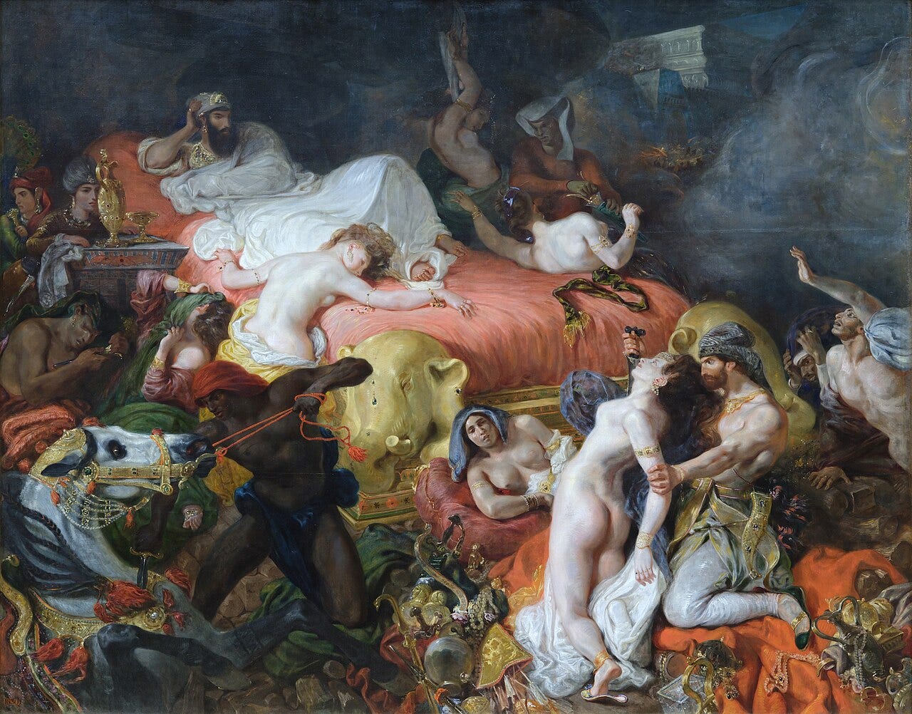 Delacroix's Sardanapalus: a king propped on a red bed while servants kill women and horses around him Delacroix's Sardanapalus: a king propped on a red bed while servants kill women and horses around him