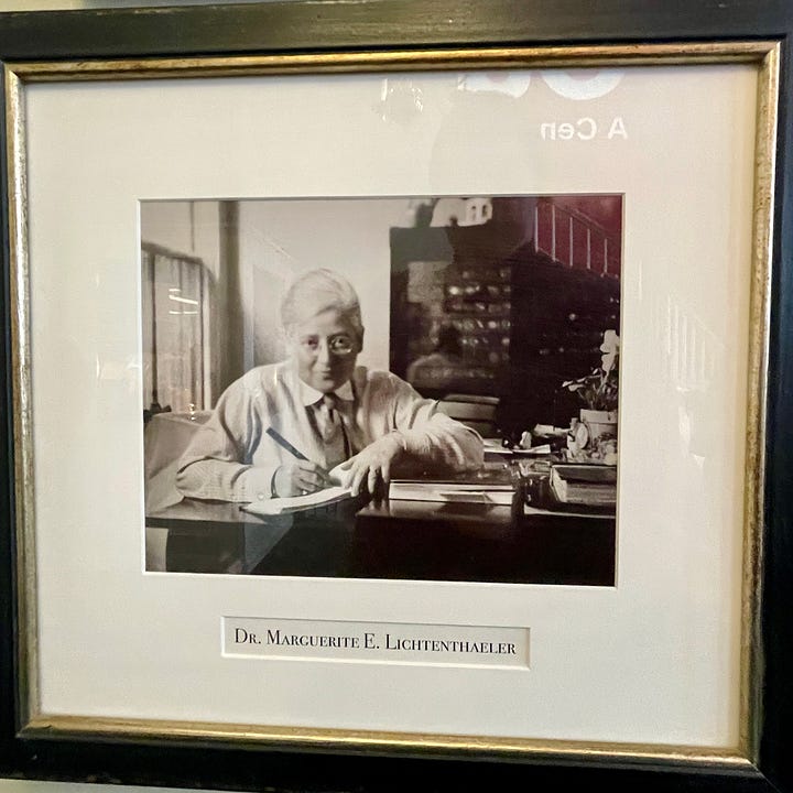 On the left, a photograph of Dr. Margeurite Lichtenhaeler, wearing a button up shirt, a tie, and looking really gay. On the right, a tribure written to Helen Day describing Dr. L as Helen's good friend.