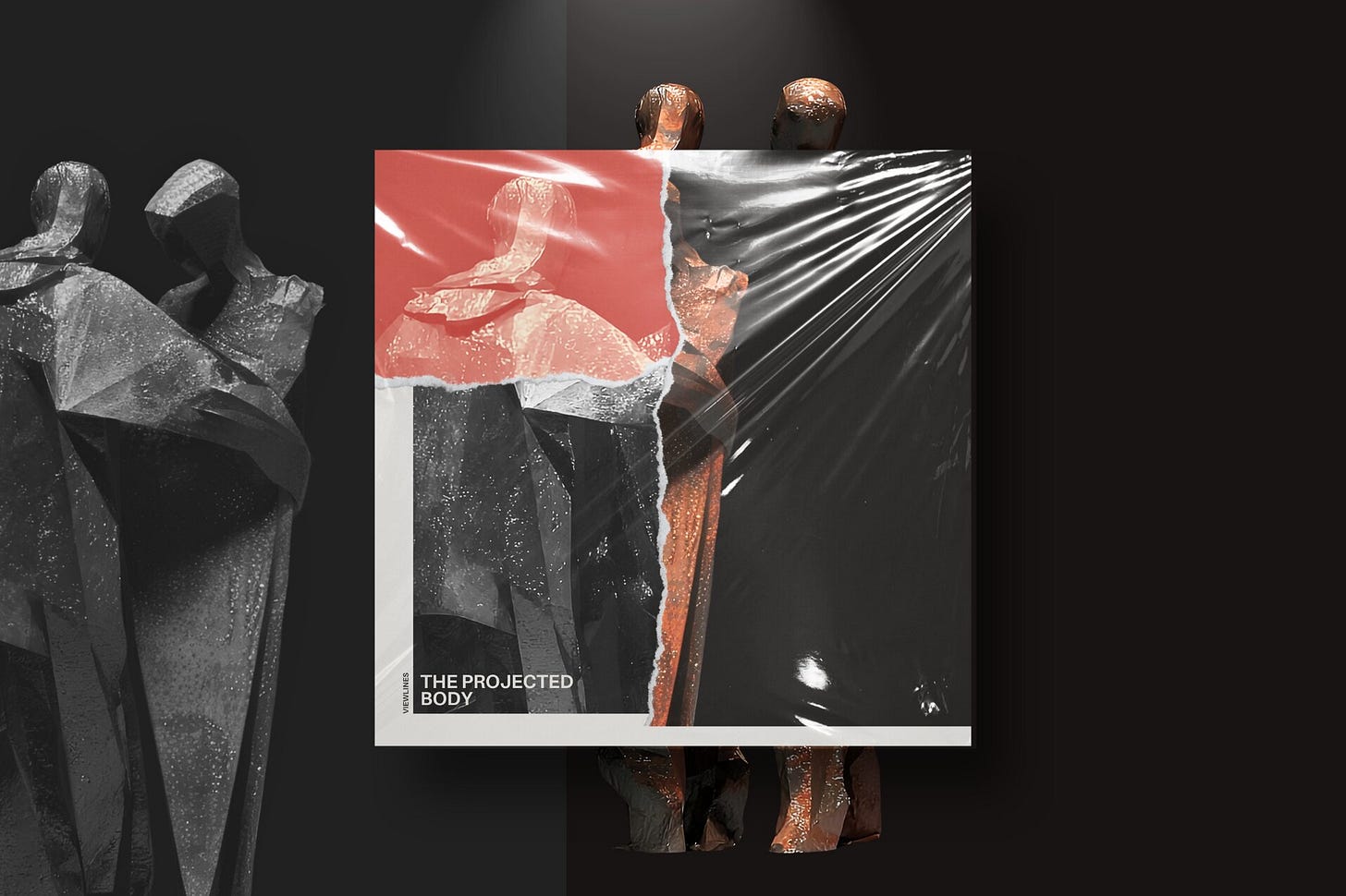 A digital collage composed of two distinct images overlaid with a square album cover. In the blurred foreground on the left is a pair of dark-gray geometric statues, while a pair of coppery, spotlighted statues peeks out from the background on the right. Centered is the album cover, which features a torn-paper collage made of fragments from the two artworks, finished with a crinkled plastic overlay. The title reads "The Projected Body." Part of the Viewlines series at The Subtext Review.