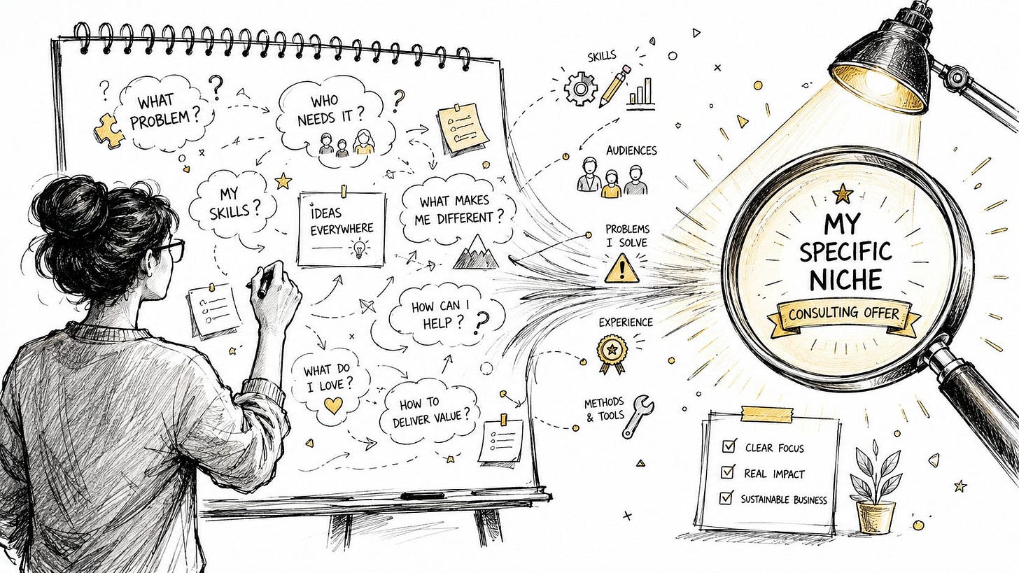 A woman sketching a mind map on a whiteboard to define her specific consulting niche and offer.